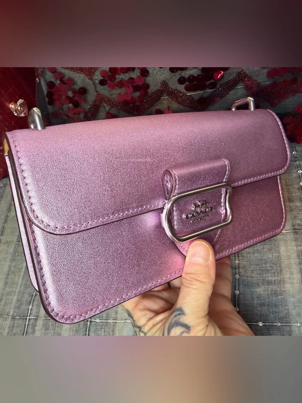 Coach 2022 Metallic Pink Leather Morgan Crossbody